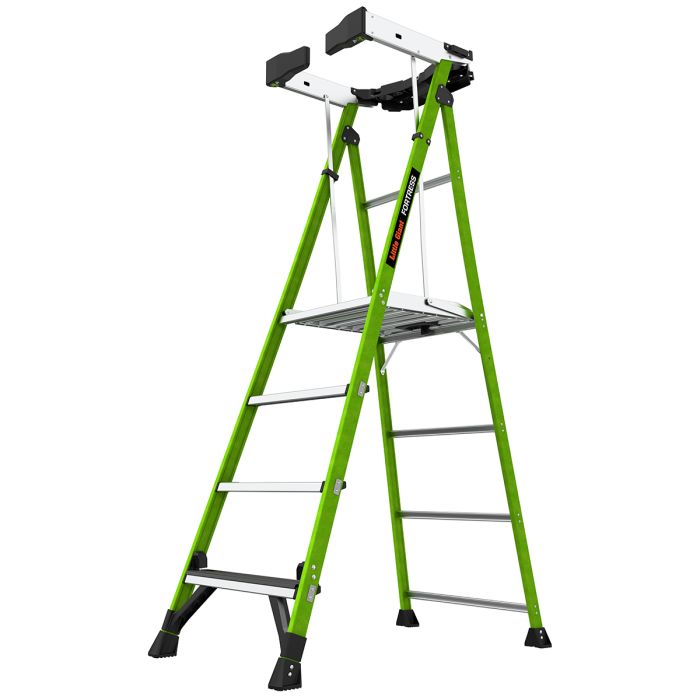 The LITTLE GIANT 19304 Fortress IAA 4 fiberglass platform ladder has four steps, wraparound safety handrails with black padding, a standing platform, and non-slip feet for stability—ideal for contractors.